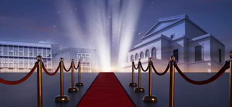 Digi Tech and Great Hall with red carpet and spot lights 