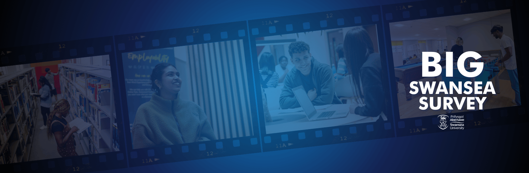 Big Swansea Survey logo. Film reel with stock images in background.