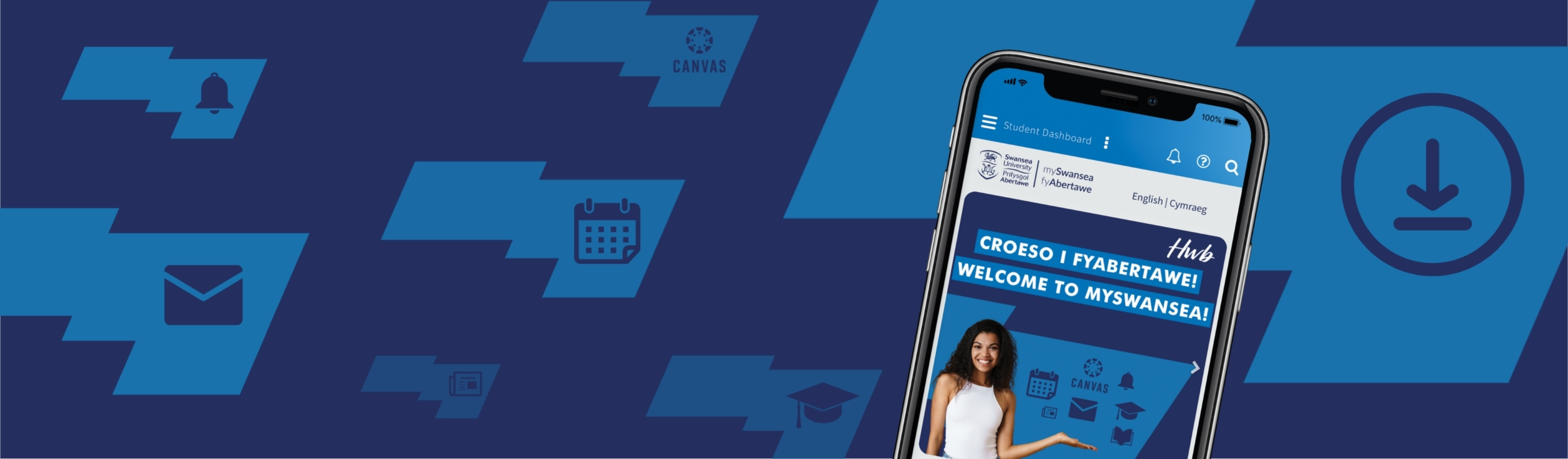 Graphic of MySwansea App on the home screen, laying on top of a navy blue background.