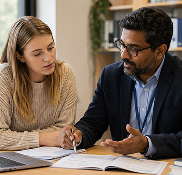 an academic discussing some work with a students