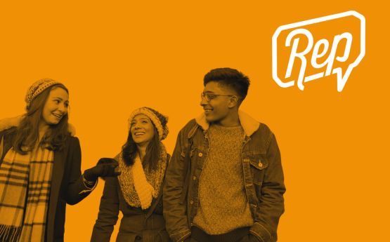 Three students talking with Rep logo on image