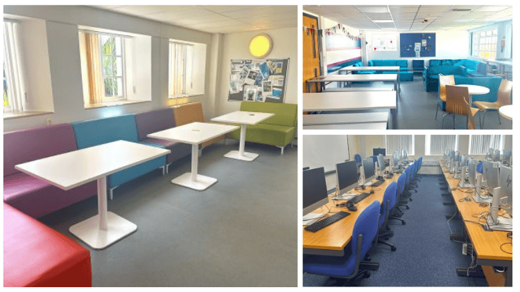 Collage of St Davids Park common room and study space